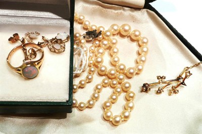 Lot 162 - Seed pearl brooch cased, opal set ring, pendant and earrings and a single row pearl necklace in...