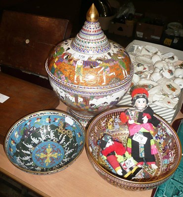 Lot 178 - Thailand hand-painted bowl, similar jar and cover, a Chinese bowl and two dolls
