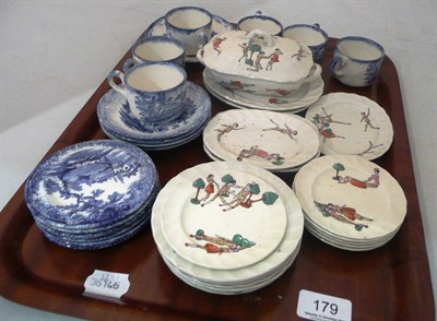 Lot 179 - A Bisto dolls pottery dinner service decorated with wooden dolls and Ridgeways blue and white...
