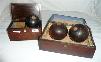 Lot 180 - A rosewood two division tea caddy, a rosewood hinged box and three silver bowls with white...