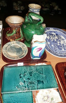 Lot 183 - A Victorian blue and white meat plate, transfer printed tiles, lizard decorated stand,...