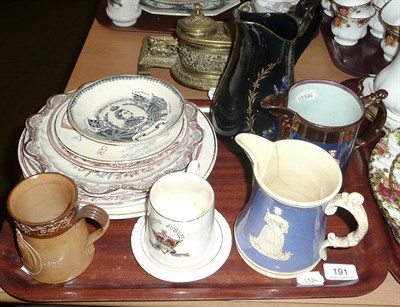 Lot 191 - Tray including two pottery jugs, commemorative china relating to Queen Victoria