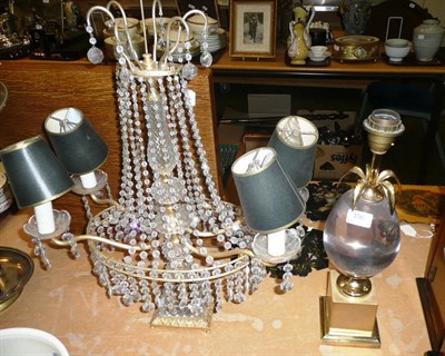 Lot 196 - Four-light table lamp hung with glass chains and drops, three-light table lamp and a Le Dauphin...