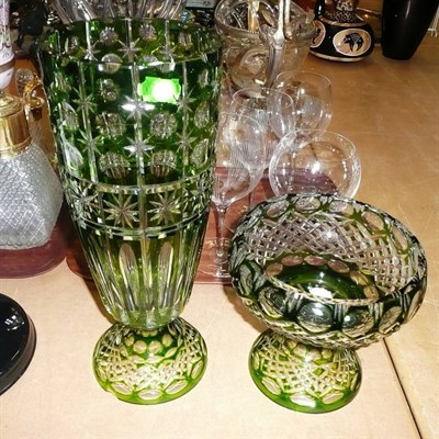 Lot 216 - Green overlay cut glass vase and pedestal bowl (2)