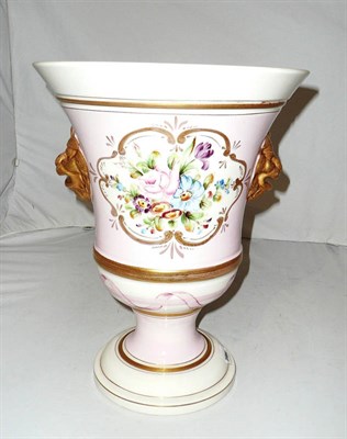 Lot 220 - Large continental pottery pink ground pedestal vase with lion mask handles