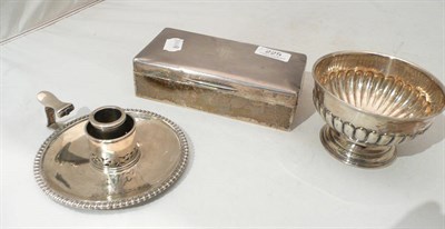 Lot 225 - Victorian silver chamber stick (a.f), silver sugar bowl, silver cigarette box