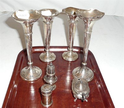 Lot 235 - Two pairs of silver posy vases, two silver pepperettes and a mustard