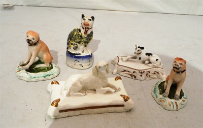 Lot 236 - Pair of Derby type pugs (a.f), Staffordshire cat (a.f), Alcock type figure of a dog and another...