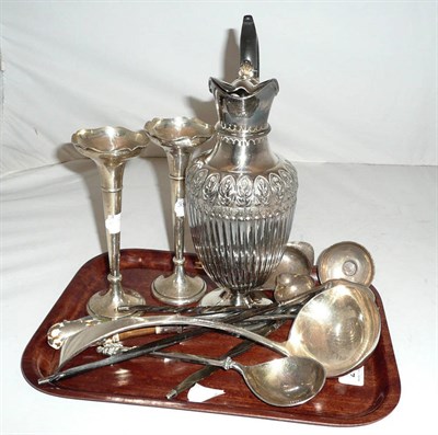 Lot 237 - Four silver balleen ladles, pair of loaded vases, plated claret jug, soup ladle, salad server...