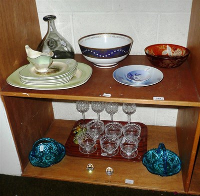 Lot 244 - A shelf of decorative ceramics including sundae dishes, hock glasses, Royal Copenhagen, Spode, etc