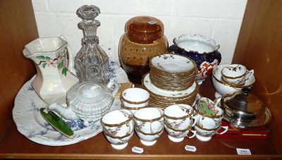 Lot 245 - Shelf including a tea set, glass jar and cover, pottery meat plate, Royal Crown Derby...