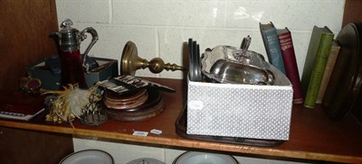 Lot 248 - Shelf including books, metalwares, plated wares etc and a carved oak barometer