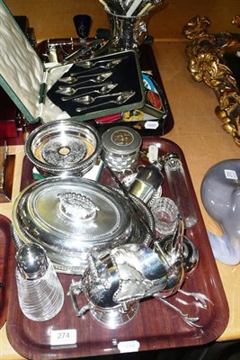 Lot 274 - Two trays of plated items including, wine coaster, toddy ladle, car mascot, cased canteen of...