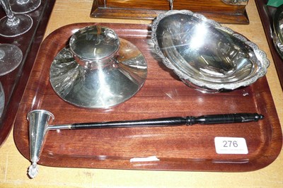 Lot 276 - A silver dish, silver-mounted inkwell and a candle snuffer