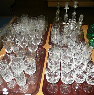 Lot 280 - Five trays of glassware including an etched decanter, assorted drinking glasses, etc