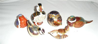 Lot 294 - Six Royal Crown Derby bird paperweights, all with gold stoppers