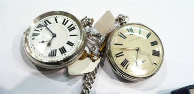 Lot 334 - Two silver open faced pocket watches, two silver chains and a silver Queen Elizabeth Jubilee silver