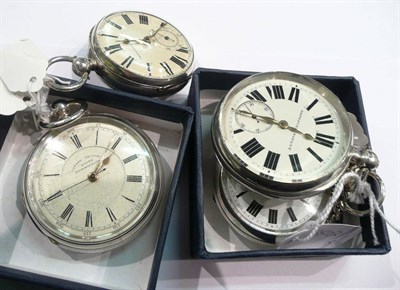 Lot 336 - A silver chronograph pocket watch, three other silver open faced pocket watches and a plated chain