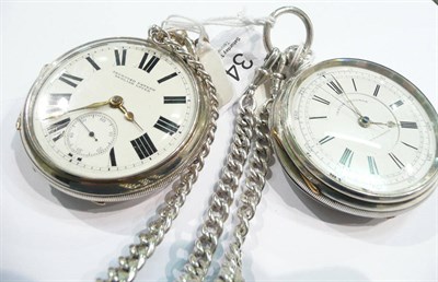 Lot 340 - A silver chronograph pocket watch and silver chain with stage amateur silver medal, and a...