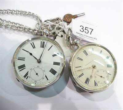 Lot 357 - Two silver open faced pocket watches and two silver chains