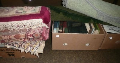 Lot 366 - Three boxes of books, two wool rugs, a Chinese rug, a runner, a machine woven tapestry and a...