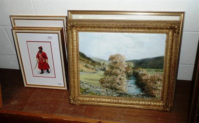 Lot 374 - Three watercolours, a print and a decorative oil on board landscape scene (4)