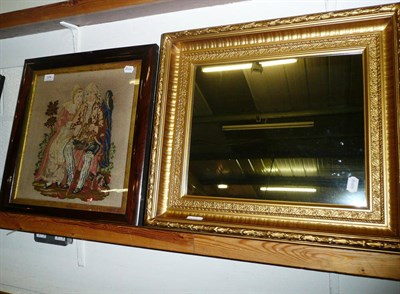 Lot 379 - Gilt rectangular wall mirror and a rosewood framed needlework sampler of two figures