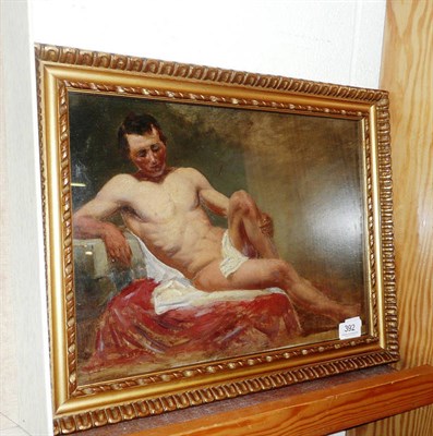 Lot 392 - William Daniels (1813-1880), Portrait of a semi-naked muscular man, oil on board, 29cm by 39cm