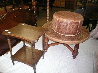 Lot 470 - Leather-topped coffee table, a similar stool, two tier occasional table and an oak standard lamp