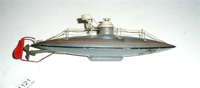 Lot 1121 - A Small Bing Clockwork Tinplate Submarine, in grey with red lining and rudder, 'BW' trademark,...