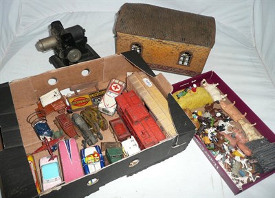 Lot 1173 - Mixed Toys, including a Bing tinplate engine shed, tinplate projector with films, Tri-and minic and