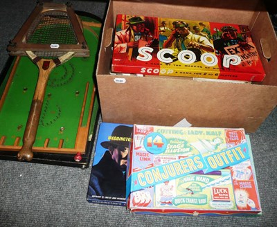 Lot 1180 - Mixed Toys and Comics, including Pin Football game, a fishtail tennis racquet 'Imp' by Atlas...