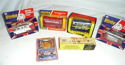 Lot 1202 - Six Boxed Public Transport Vehicles, comprising Dinky - Silver Jubilee Taxi No.241 x 2, Single...