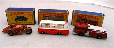 Lot 1206 - Three Boxed Matchbox 1 - 75 Series Vehicles - No.66 Harley-Davidson and Sidecar, No.68 Mercedes...