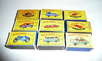 Lot 1211 - Nine Boxed Matchbox 1 - 75 Series Vehicles - No.4 Triumph Motorcycle, No.17 Austin Taxi, No.29 Milk