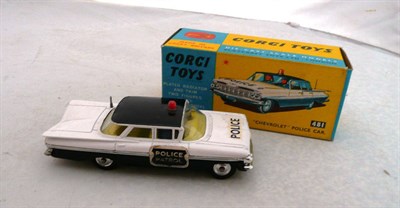 Lot 1225 - A Boxed Corgi Chevrolet Police Car No.481, in black and white, with 'Police Patrol' labels, red...