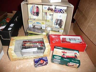 Lot 1230 - Twenty Eight Boxed Corgi Vehicles, including three fire engines, twelve buses and trams,...