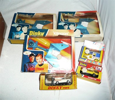 Lot 1252 - Six Boxed Dinky Novelty and TV Related Vehicles, comprising three Klingon Battle Cruisers...