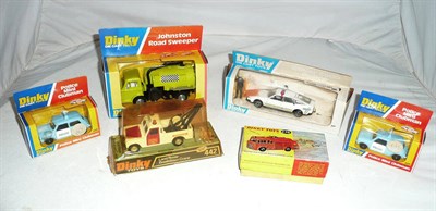 Lot 1253 - Six Boxed Dinky Vehicles, comprising Airport Fire Tender No.276, Rover 3500 Police No.276, two...