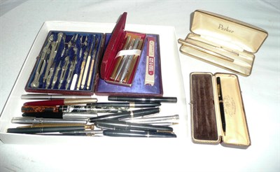 Lot 1276 - A Collection of Fountain Pens and other Drawing Instruments, including a cased rolled gold...