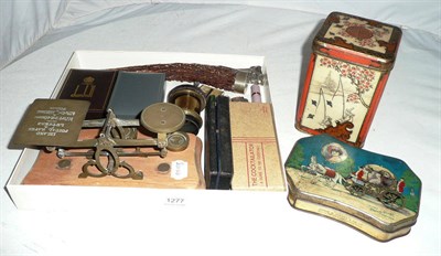 Lot 1277 - Mixed Collectables, including two cased engine turned Dunhill pocket lighters, brass postal scales