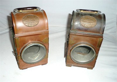 Lot 1316 - Pair of Shand Mason Copper Fire Engine Lamps, of rectangular form with domed tops, leather...