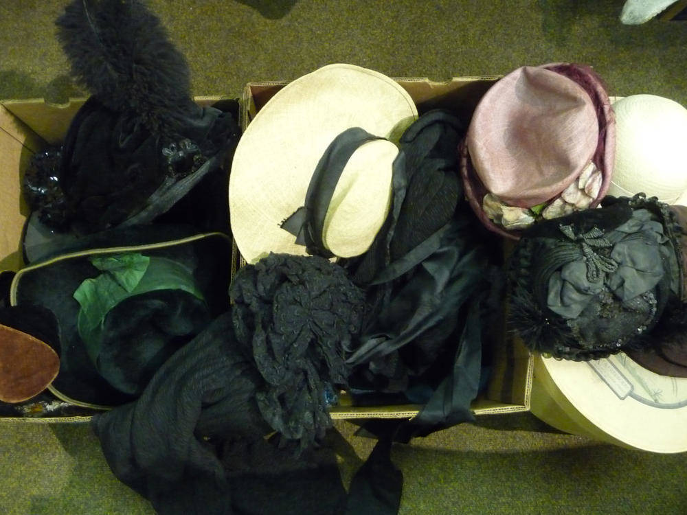 Lot 275 - Assorted 19th Century And Later Bonnets And Hats including Victorian black lace bonnet with...