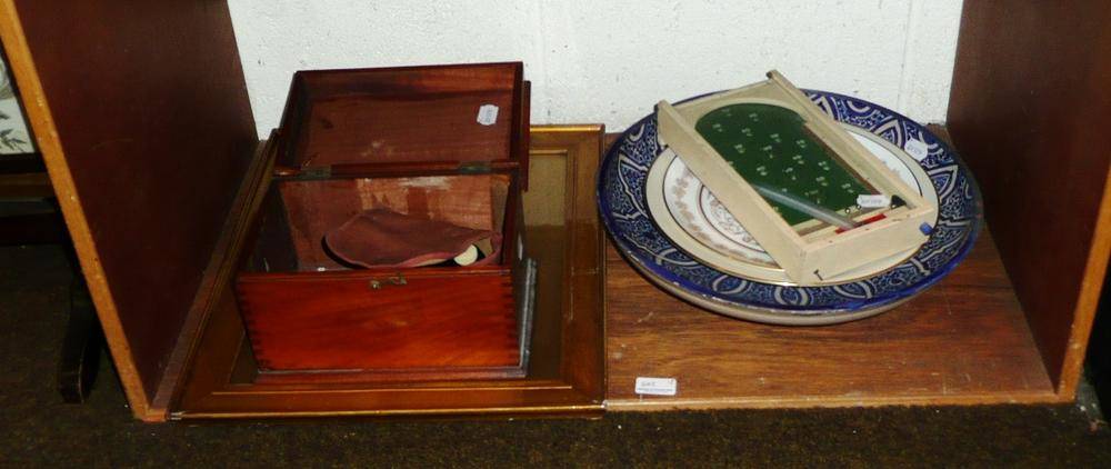 Lot 402 - Mahogany hinged box, box camera, Chad Valley game, blue and white plaque, china plates, mirror,...