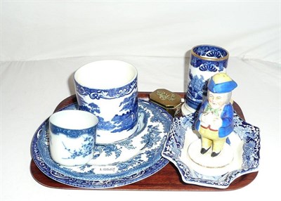 Lot 15 - A quantity of blue and white ceramics, Staffordshire toby caster and an eastern metal pin box