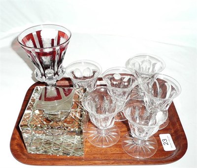 Lot 23 - Silver mounted inkwell, set of six glasses and a ruby flashed glass