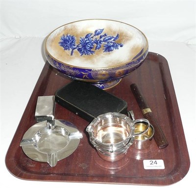 Lot 24 - Doulton bowl blue and gilt decorated bowl, silver ashtray, silver cased spoon and fork and sundry