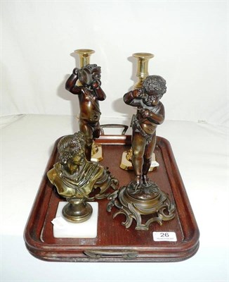 Lot 26 - A pair of bronze figures of cherub musicians, a pair of brass candlesticks, an oak tray and a...