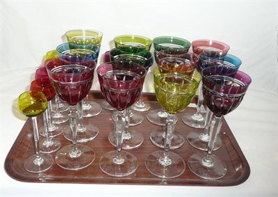 Lot 31 - Set of twelve coloured hock glasses, pottery art vases, tea service and other items (tray and...