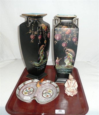 Lot 36 - Pair of pottery vases decorated with Chinese figures, Noritake bon-bon dish and Continental nodding